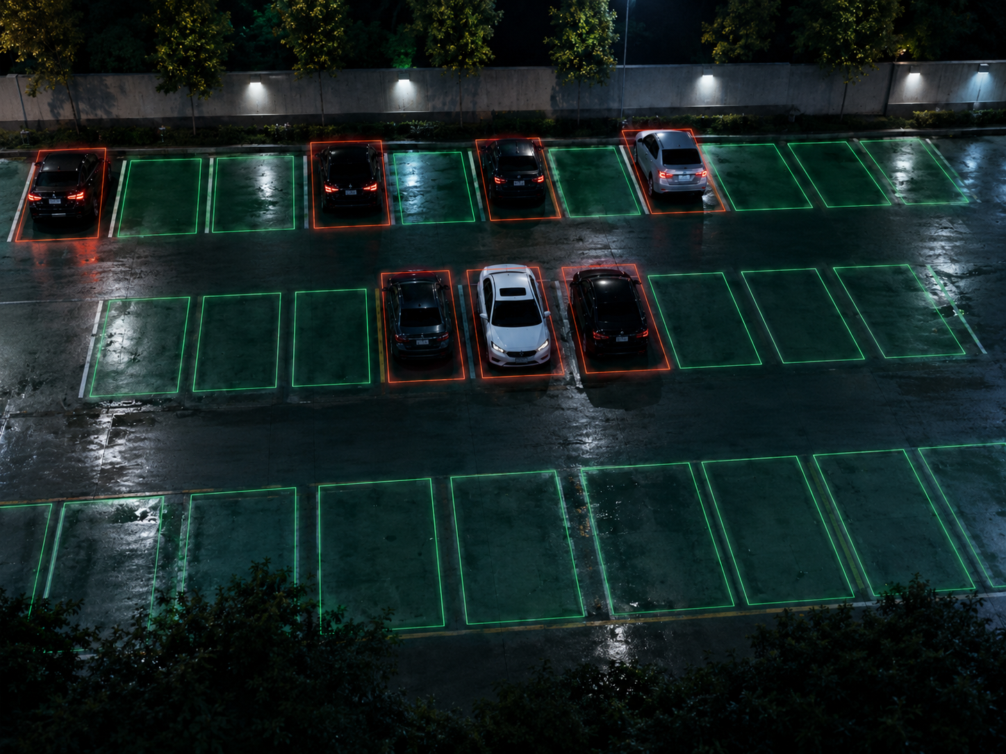 ParkVision parking occupancy view with green outlines for free spaces and red outlines for occupied spaces